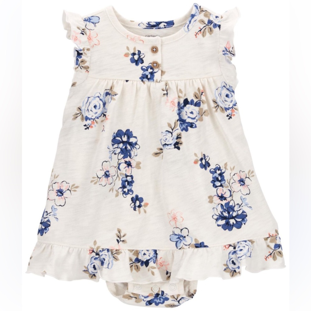 🍊5/$25 Carter's Cream and Blue Floral Baby Dress size 6m
